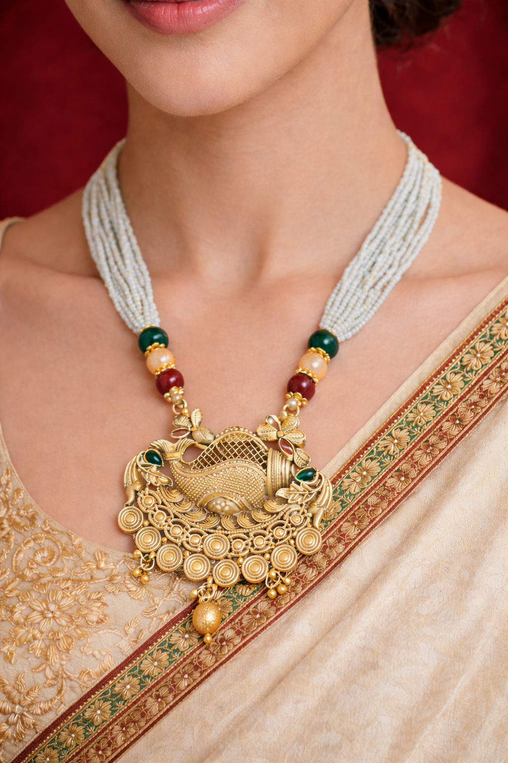 Luxury Long White Pearl Necklace with Statement Pendant Set