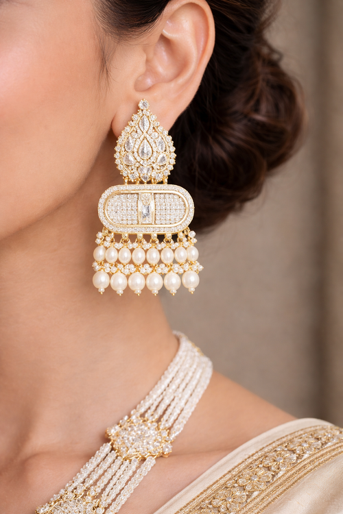 Double long white pearl necklace with statement set