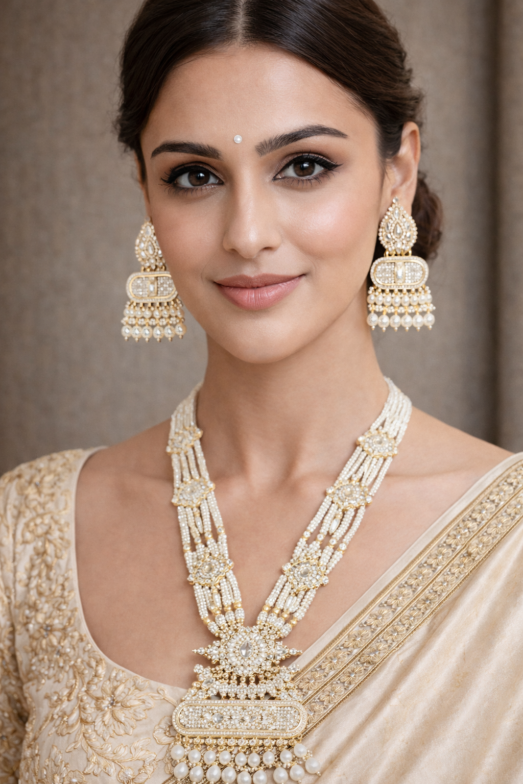 Double long white pearl necklace with statement set