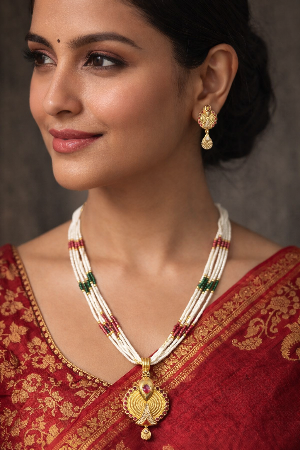 Long white pearl necklace with pink diamond pendal set