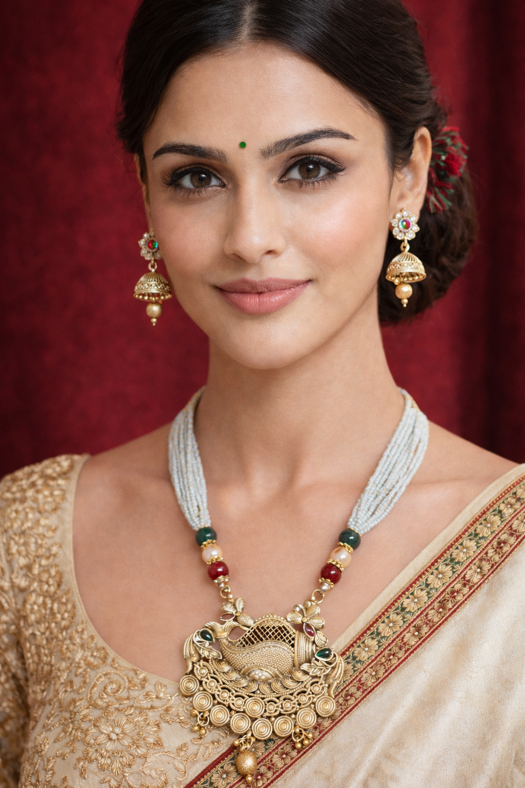 Luxury Long White Pearl Necklace with Statement Pendant Set